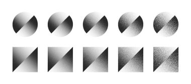 Çemberin ve Kare El Çizim Sanatı Soyut Vektör Kümesi beyaz arka planda izole edilmiş farklı varyasyonlarda. Çeşitli Derece Siyah Gürültü Noktalı Figürler Tasarım Elementleri Doku Koleksiyonu