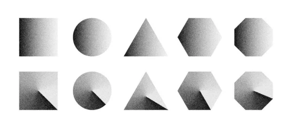 黒のノイズテクスチャは 様々な図四角形三角形六角形八角形のデザイン要素ベクトルセットを点在させました 異なるバリエーションハーフトーン手描きドットワークの形とダストグラインテクスチャコレクション — ストックベクタ