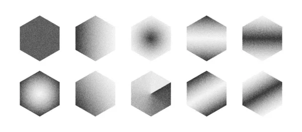 不同的六角形抽象形状的笔尖手绘数字矢量集 具有不同的黑色噪声在白色上分离的变化 半色调数字多边形设计元素灰尘纹理集合 — 图库矢量图片