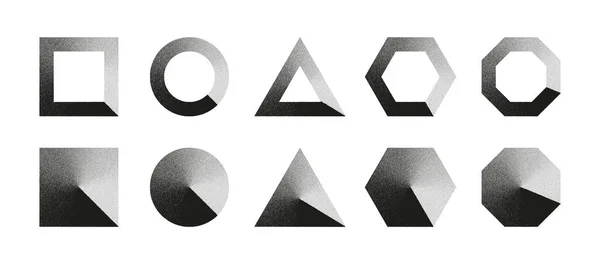 黒のノイズテクスチャは 様々な図四角形三角形六角形八角形のデザイン要素ベクトルセットを白に点在させました ダストグラインテクスチャコレクションと異なるバリエーション手書きドットワーク形状 — ストックベクタ