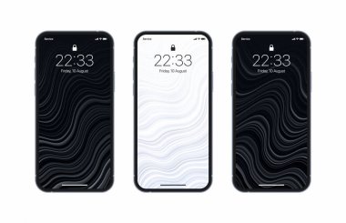 Beyazın üzerine izole edilmiş fotojenik akıllı telefon ekranındaki siyah beyaz duvar kağıtlarının farklı varyasyonları. Taşınabilir Akıllı Telefon için Dikey Ekran Koruyucu Koleksiyonu