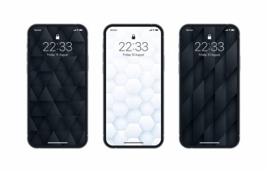 Beyaz arka planda izole edilmiş, fotogerçekçi akıllı telefon ekranına kurulmuş, Siyah ve beyaz üç boyutlu farklı varyasyonlar. Soyut 3B Render Dokuları Dikey Akıllı Telefon Ekran Koruyucuları