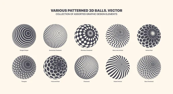 白い背景に隔離された傾斜位置セット内の様々なベクトルパターン3Dボールをアソートしました ブラックホワイトグラフィック多様性異なるパターンを持つ3次元球デザイン要素コレクション — ストックベクタ