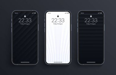 Farklı varyasyonlar Minimalist Siyah ve Beyaz 3D Pürüzsüz Geometri Çizgileri İzole Fotoğraf Gerçekçi Akıllı Telefon Ekranında Duvar Kağıdı. Smartphone için çeşitli dikey Bulanık Ekran Koruyucuları