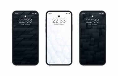 Beyaz Arkaplanda İzole Edilmiş Farklı Vector Varyasyonları Siyah Beyaz 3D Geometrik Duvar Kağıdı Fotoğraf Gerçekçi Akıllı Telefon Ekranı. Çeşitli 3D Yapılandırılmış Soyutlamalar Dikey Akıllı Telefon Ekran Koruyucuları
