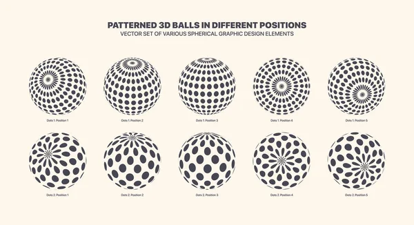 Assorted Various Vector Patterned Balls Different Positions Dotted Half Tone — Vetor de Stock