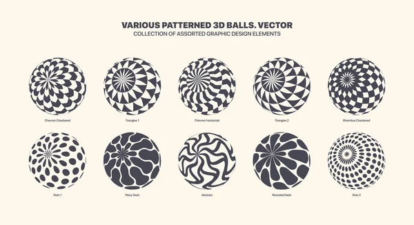 Assorted Various Vector Patterned Spheres Tilted Position Set Isolated White — Vetor de Stock