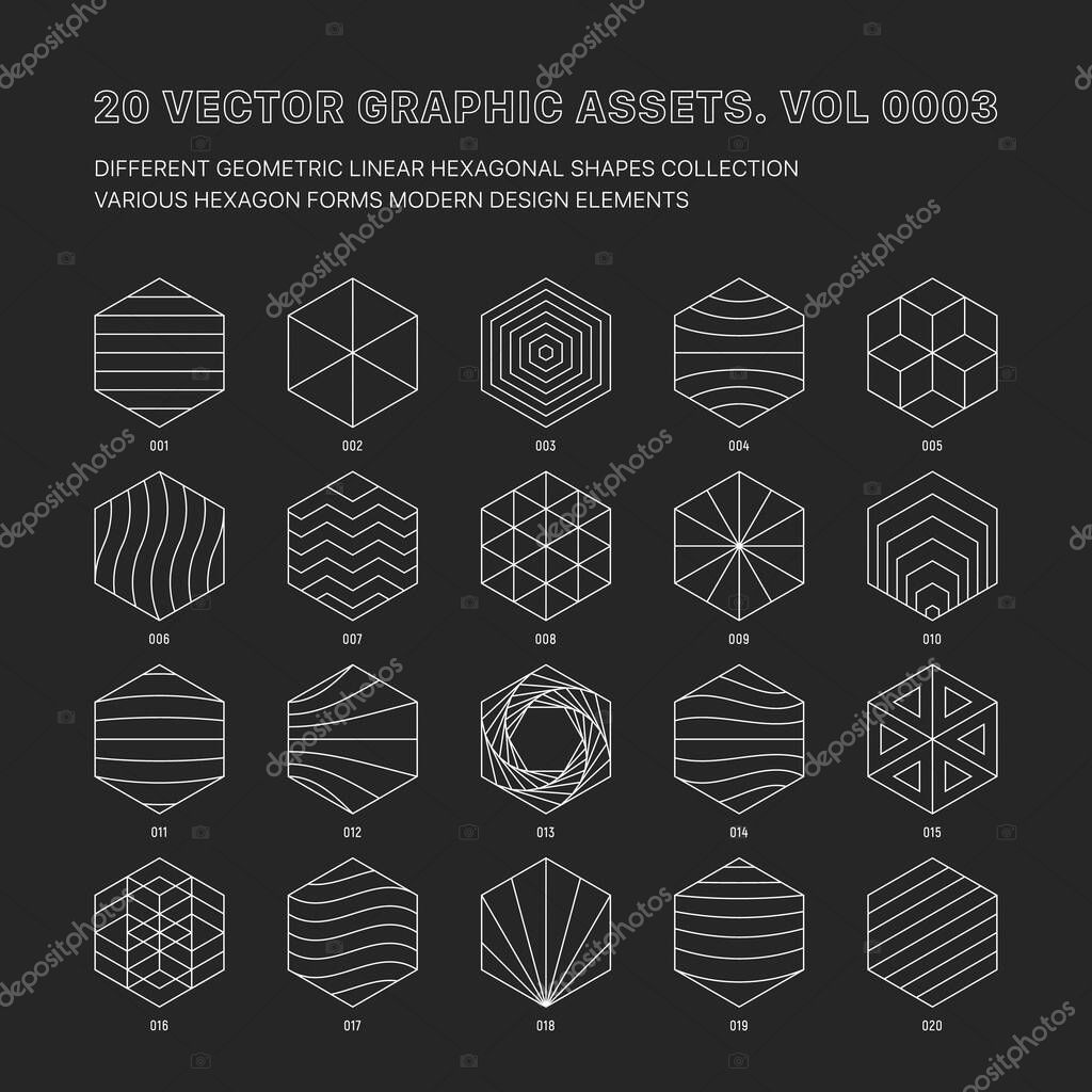 Vector Graphic Assets Various Outline Geometric Hexagon Shapes Collection Isolate On Back. Line Art Sacred Geometry Meta Modern Different Design Element Set. Abstract Graphic Icons Trendy Illustration