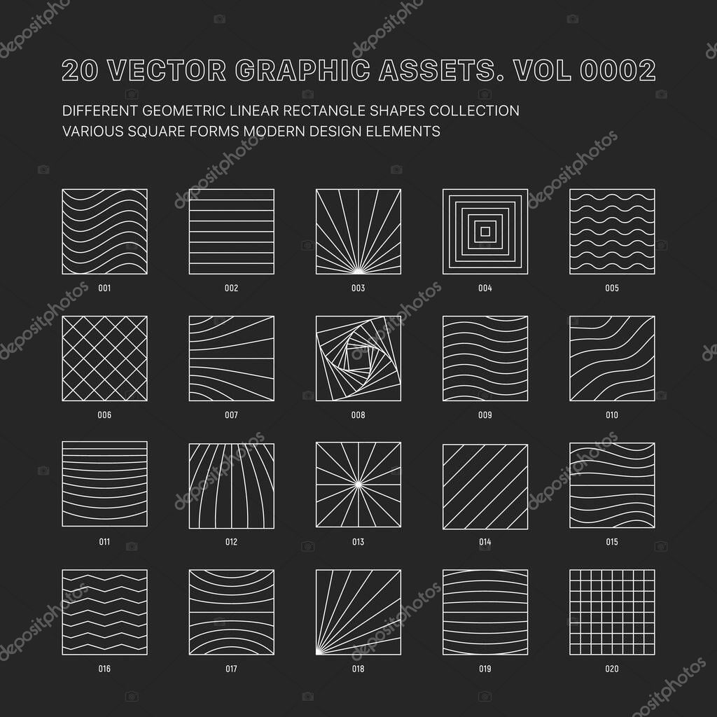 Vector Graphic Assets Various Outline Geometric Square Shapes Collection Isolate On Back. Different Grid Patterns Line Art Meta Modern Experimental Design Elements Set. Conceptual Trendy Illustration