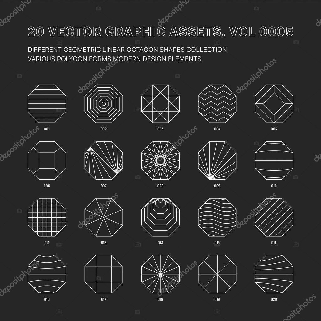 Vector Graphic Assets Various Outline Geometric Octagon Shapes Collection Isolate On Back. Line Art Sacred Geometry Meta Modern Conceptual Design Element Set. Linear Graphic Icons Trendy Illustration
