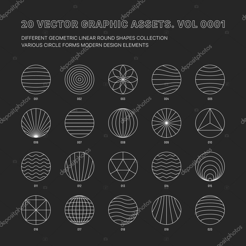 Vector Graphic Assets Various Outline Geometric Round Shapes Collection Isolate On Back. Different Circles Line Art Sacred Geometry Meta Modern Design Element Set. Conceptual Icons Trendy Illustration