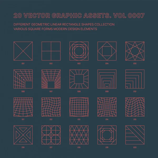 Vector Graphic Assets Various Outline Geometric Squares Collection Isolate Back — Vettoriale Stock