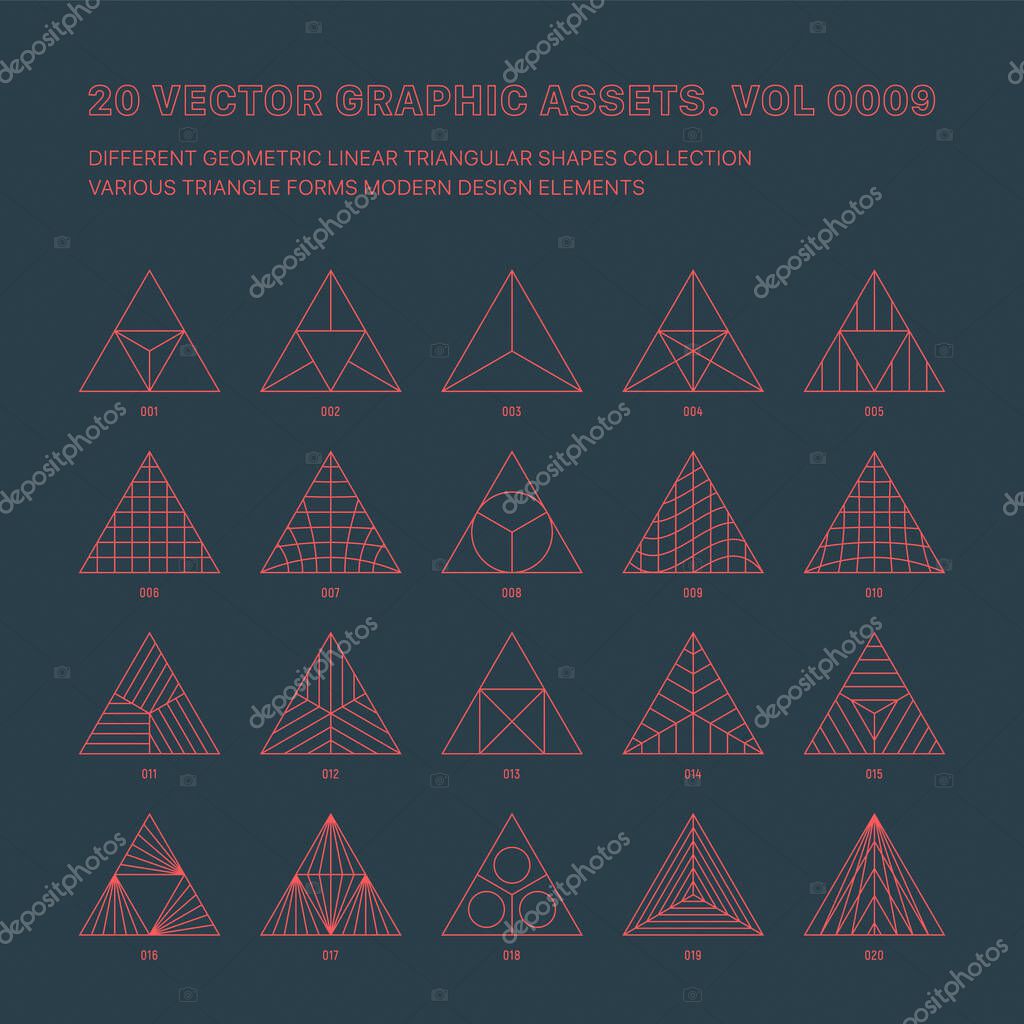 Vector Graphic Assets Various Outline Geometric Triangles Collection Isolated On Back. Line Art Graphic Mystic Magic Occult Abstract Triangular Symbols And Esoteric Icons Different Design Elements Set