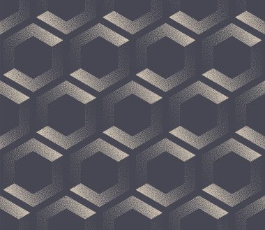 Fancy 50s 60s 70s Stipple Hexagons Seamless Pattern Vector Abstract Background. Honeycomb Structure Stylish Textile Design Grainy Texture Endless Grey Wallpaper. Halftone Art Classy Retro Illustration