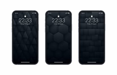 Various 3D Vector Geometric Black Wallpapers Set On Photo Realistic Mobile Phone Screen Isolated On White Background. Abstract 3D Render Technology Structure Different Screensavers For Smartphone