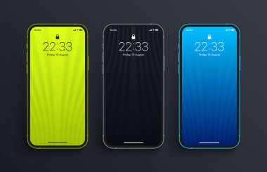 Different Variations Minimalist Bright Green Black Blue 3D Smooth Blur Geometric Bend Lines Wallpaper Set On Photo Realistic Mobile Phone Screen. Vertical Abstract Screensavers for Cellphone