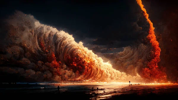 Burning Asteroid Fell Into the Ocean CG Digital Painting Spectacular Background. End of World Apocalyptic Scene with Huge Explosion Art Illustration. AI Neural Network Generated Abstract Wallpaper
