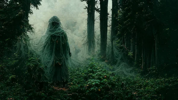Spooky Scary Ghost in Depths of Mystical Forest Fantasy 3D Art Illustration. Demonic Ancient Spirit from Horror Movie Background. CG Digital Painting AI Neural Network Computer Generated Art Wallpaper