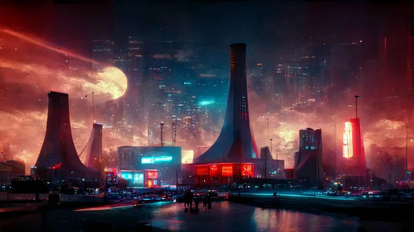 Sci-Fi Futuristic Cyberpunk Neon City Street Panoramic Scenic Art Illustration. Science Fiction Future Cyber Punk Cityscape Background. CG Digital Painting AI Neural Network Generated Art Wallpaper