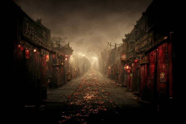 Mysterious Scary Empty Street of Autumn Asian Old Town 3D Art Fantasy Illustration. Spooky Environment Horror Movie Place Background. Creepy Alley of Oldtown AI Neural Network Generated Art Wallpaper