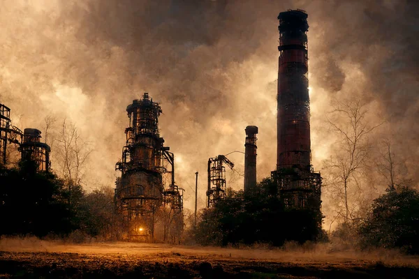 Spooky Old Industrial Buildings in a Mystical Environment 3D Art Illustration. Creepy Blast Furnace Horror Movie Scene Atmospheric Background. Haunted Factory AI Neural Network Generated Art Wallpaper