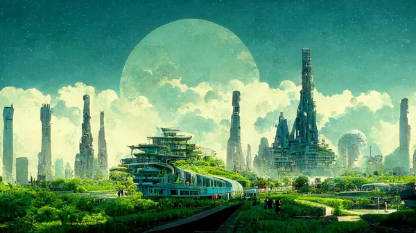 Green Utopia Anime Futuristic City Skyline Scenery Art Illustration. Sustainable Buildings Science Fiction Conceptual Background. Future Life AI Neural Network Digital Painting Generated Art Wallpaper