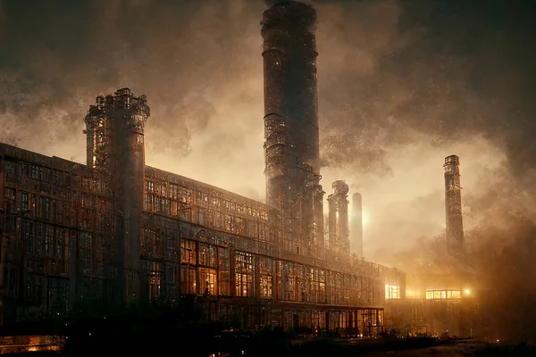 Macabre Mystical Haunted Old Industrial Factory 3D Art Illustration. Derelict Scary Production Buildings with Ghosts in Misty Night Horror Movie Background. AI Neural Network Generated Art Wallpaper