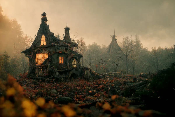 Spooky Witch House Middle Forest Art Illustration Inglés Mystical Creepy —  Fotos de Stock