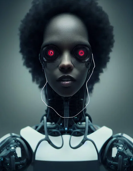 Sci-Fi Futuristic Black Woman with Afro Hair Cyborg Mechanism 3D Conceptual Art Illustration. Bionic Woman Robot Vertical Portrait. Science Fiction Movie Character. AI Digital Neural Network Art Work