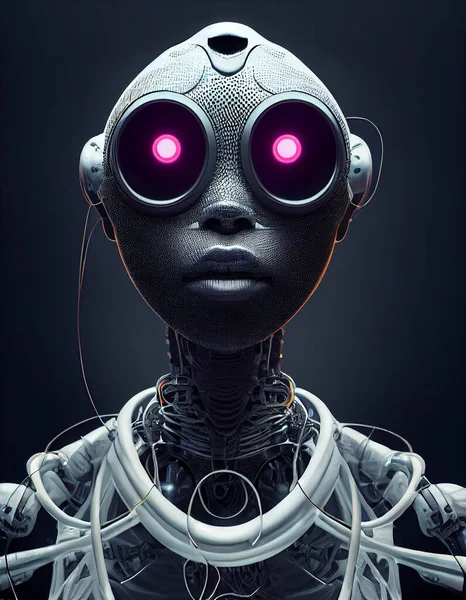 Sci-Fi Futuristic Female Cyborg Face Mechanism 3D Conceptual Art Illustration. Vertical Front Portrait of Bionic Woman Robot Science Fiction Character. AI Digital Neural Network Generated Artwork