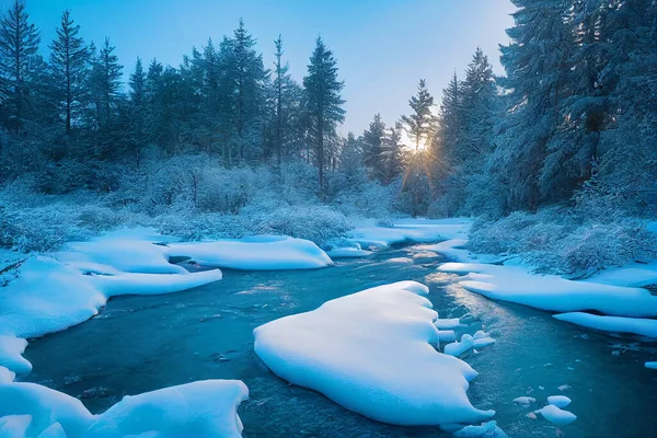 Paisagem Da Floresta De Inverno, Rio De Gelo Nevado Durante A