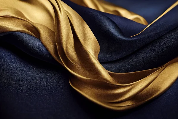Beautiful Drapery of Navy Blue and Golden Fabric Canvas 3D Art Work Abstract Luxury Background. Folds of Fashionable Rich Textile Beautiful Wallpaper. Three Dimensional Visualisation Art Illustration