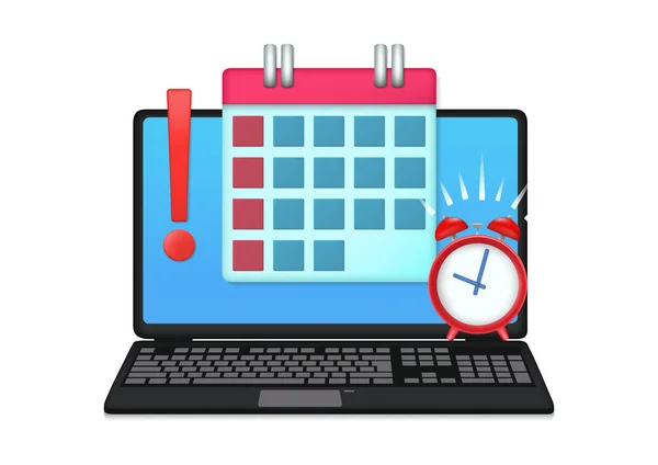 ノートパソコンのイラストに締め切りカレンダーと目覚まし時計 — ストックベクタ