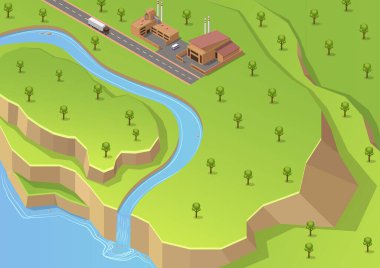 Nehir ve sanayi yapısına sahip izometrik tepe