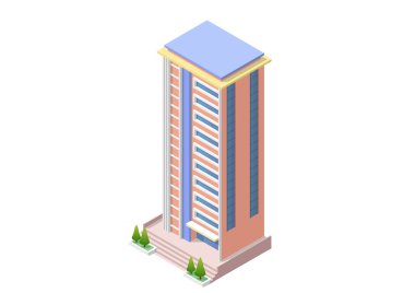 İzometrik gökdelen binası beyaza izole edildi