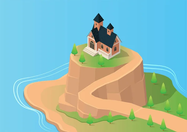 Изометрический Дом Холме Острове — стоковый вектор