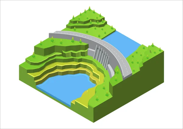 Diga Isometrica Vettoriale Centrale Idroelettrica Energia Verde — Vettoriale Stock