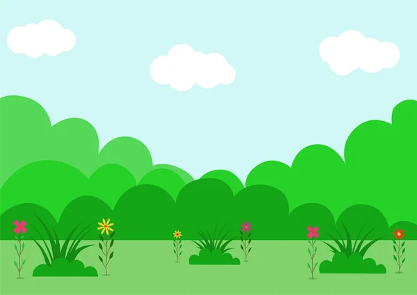 Blauer Himmel Hintergrund Cartoon Landschaft Mit Blume Und Grüner Pflanze — Stockvektor