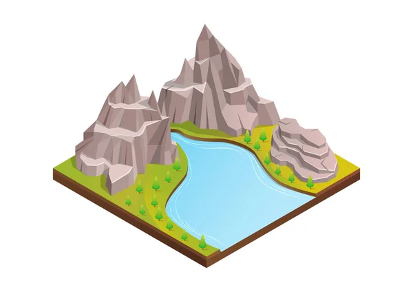 Isométrique Belle Montagne Avec Grande Rivière Arbres — Image vectorielle
