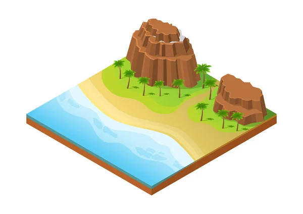 岩の山とヤシの木と等価熱帯砂のビーチ — ストックベクタ