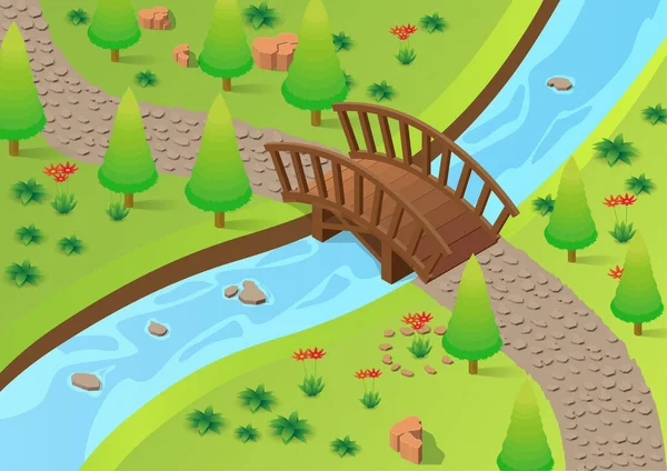 具有河流和木桥的等距绿色公园 — 图库矢量图片