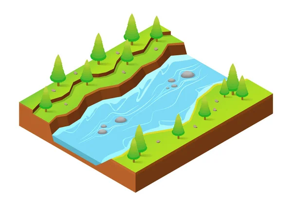 Río Isométrico Con Árboles Lado — Vector de stock