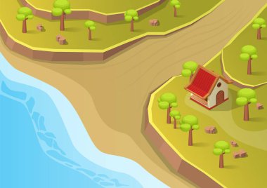 isometric coast village with house and trees