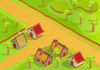 isometric village with traditional house and trees
