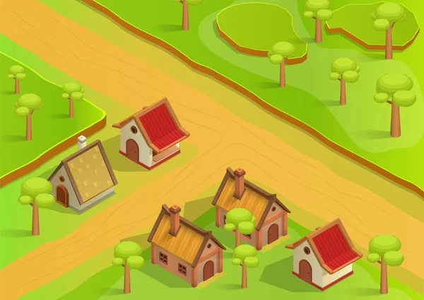 Isometric Village Traditional House Trees — Vettoriale Stock