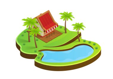 isometric asian cafe house with pool and trees