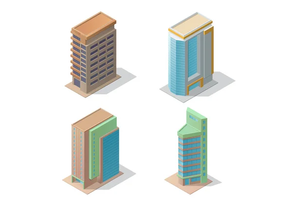 Conjunto Edificios Isométricos Modernos Para Sitios Juegos — Archivo Imágenes Vectoriales