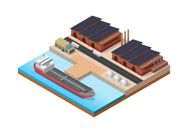 Edificio Industrial Isométrico Cargando Camión Desde Almacén Buque Cisterna Puerto — Vector de stock