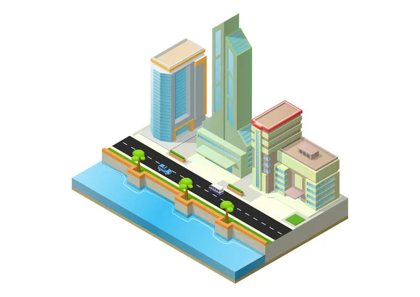 Construção Arranha Céus Modernos Isométricos Costa Com Rodovia — Vetor de Stock