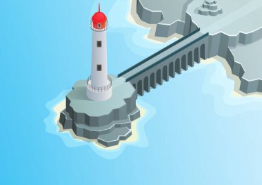 Köprü ile birbirine bağlı kaya adasındaki izometrik işaret feneri